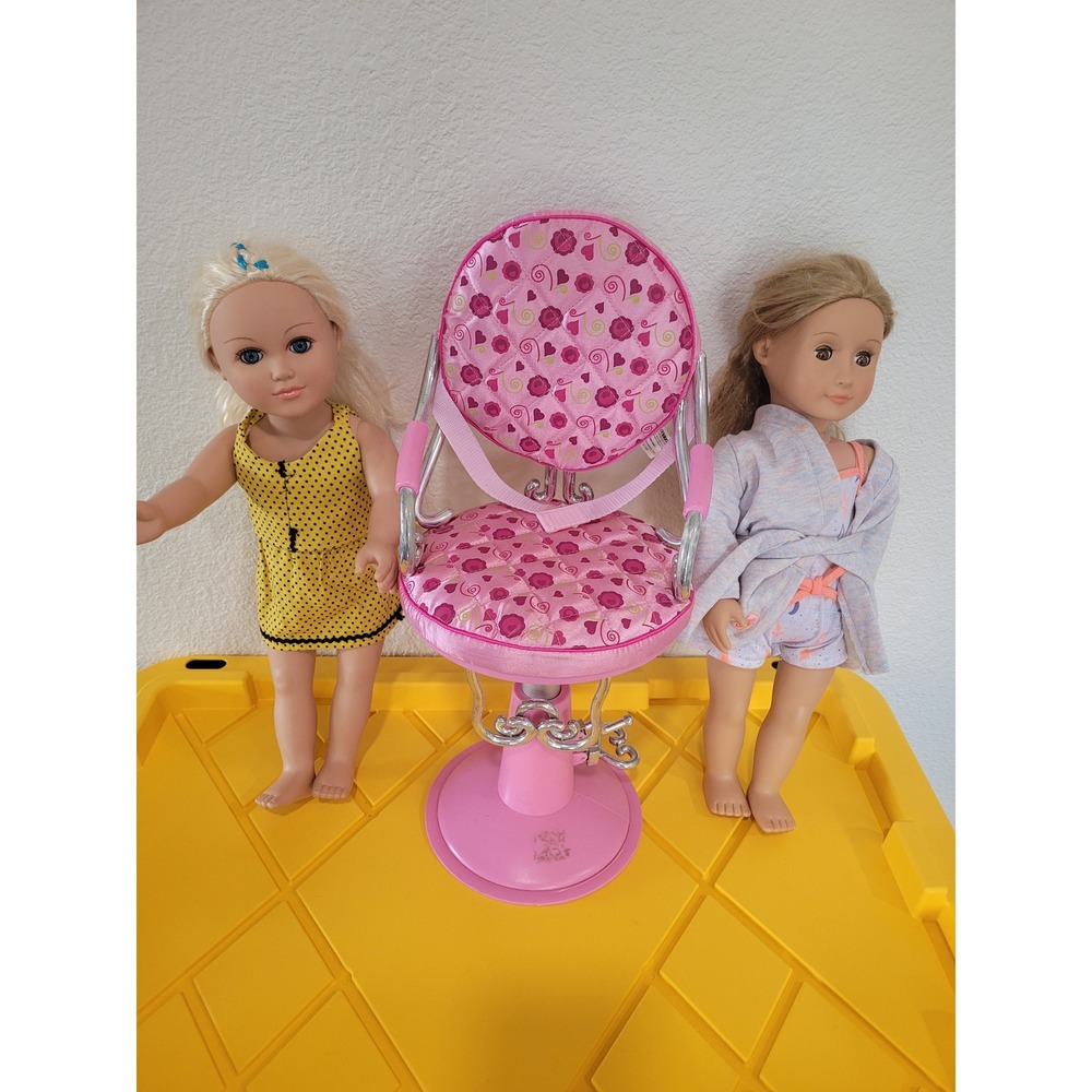 Our Generation 18 Inch Dolls and Pink Salon Styling Chair Furniture Set Bundle